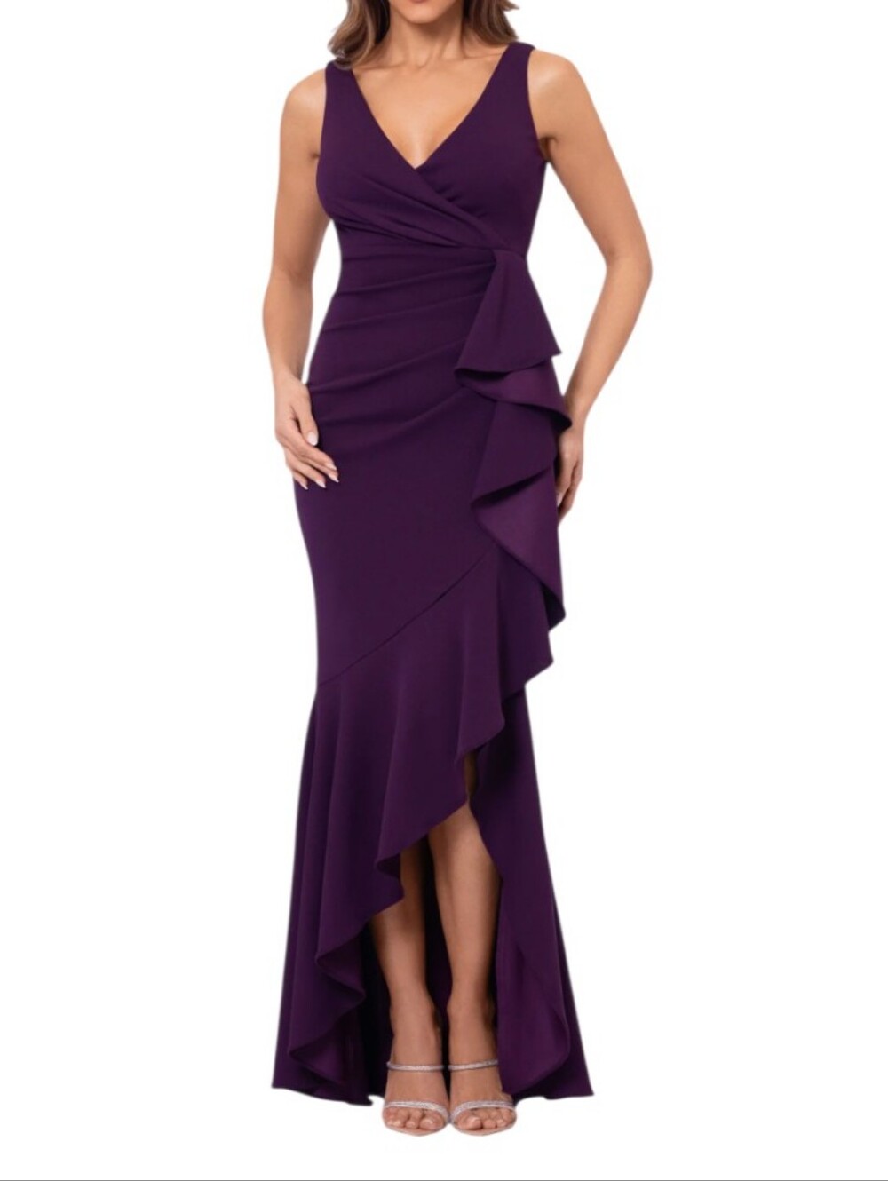 Betsy & Adam V-Neck Cascade Ruffle High-Low Gown In Mulberry... Size 8